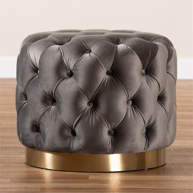 Bowery Hill Modern Tufted Velvet Ottoman in Gray and Gold