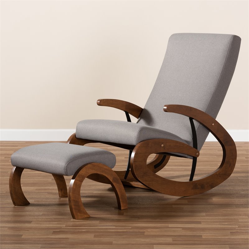 Bowery Hill Fabric and Wood Rocking Chair with Ottoman in Gray