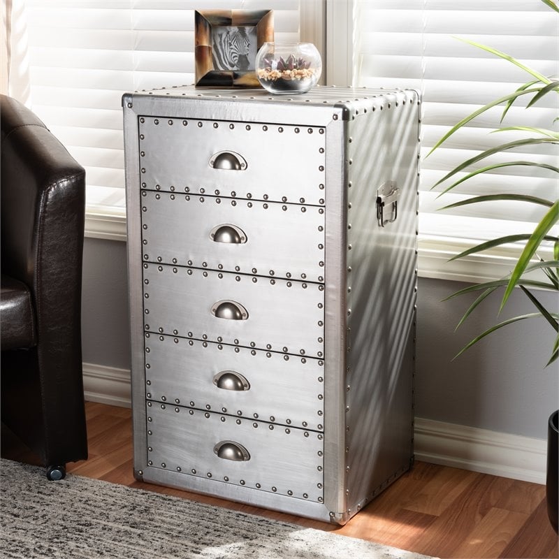 Bowery Hill Mid-Century 5-Drawer Metal Accent Chest in Silver