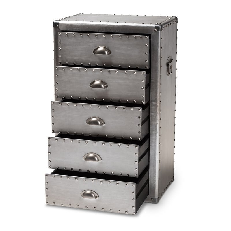 Bowery Hill Mid-Century 5-Drawer Metal Accent Chest in Silver