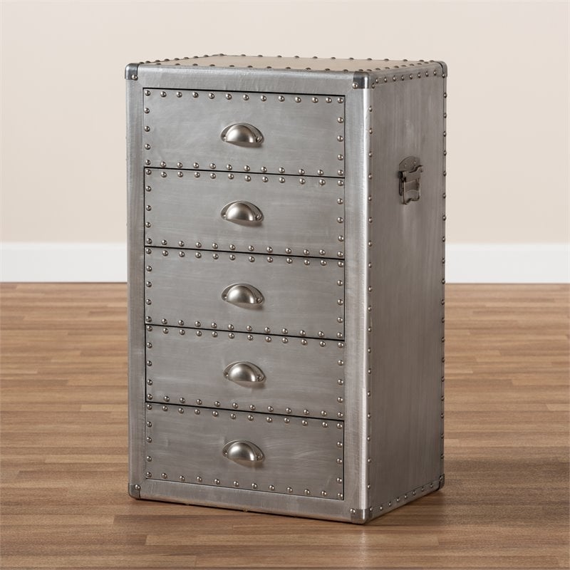 Bowery Hill Mid-Century 5-Drawer Metal Accent Chest in Silver