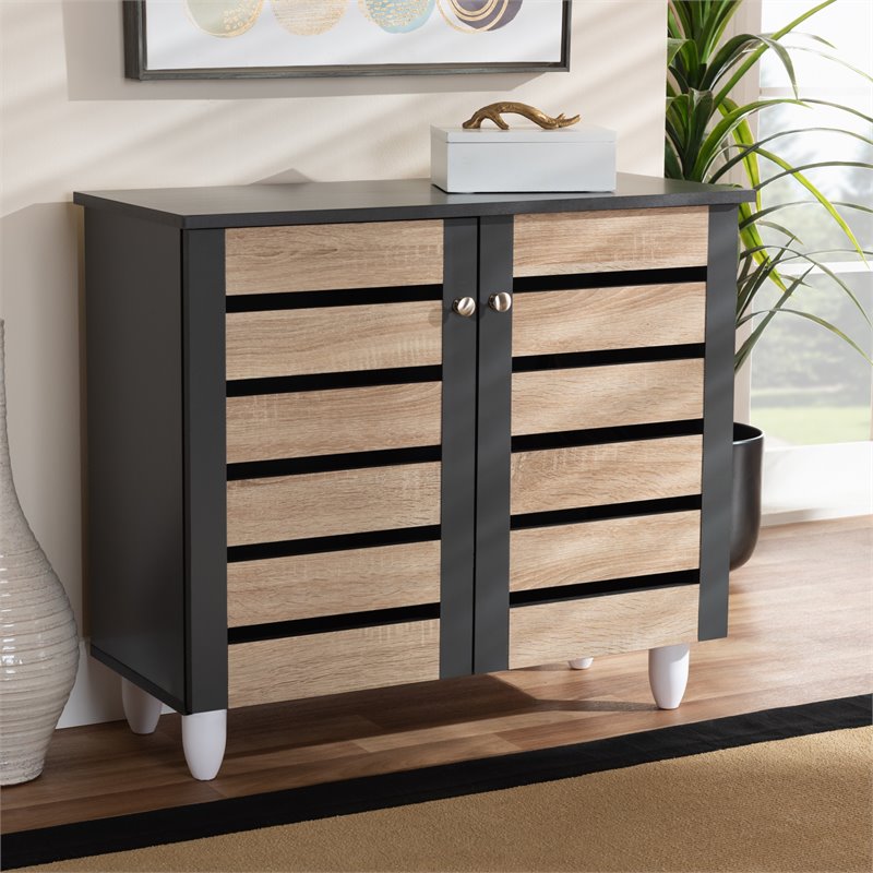 Bowery Hill Two-Tone Oak Wood 2-Door Shoe Cabinet in Dark Gray