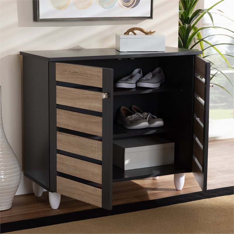 Bowery Hill Two-Tone Oak Wood 2-Door Shoe Cabinet in Dark Gray