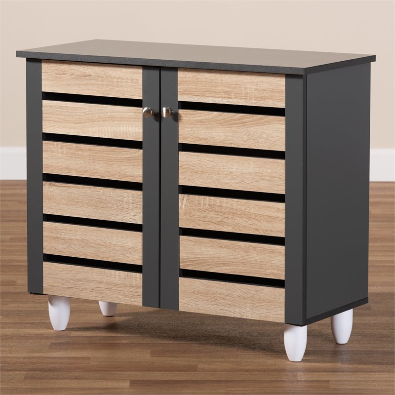 Bowery Hill Two-Tone Oak Wood 2-Door Shoe Cabinet in Dark Gray
