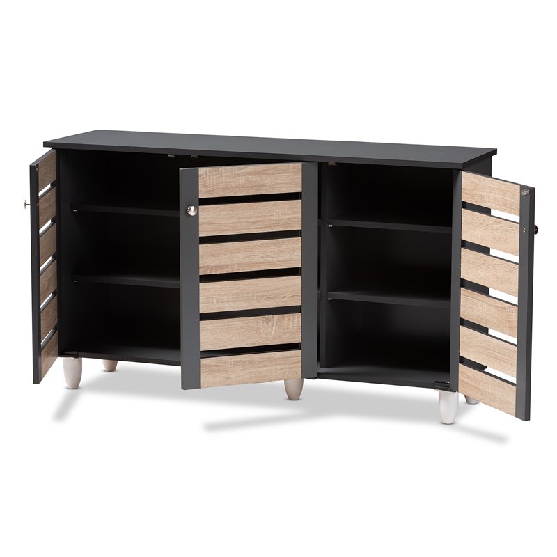 Bowery Hill Two-Tone Oak Wood 3-Door Shoe Cabinet in Dark Gray