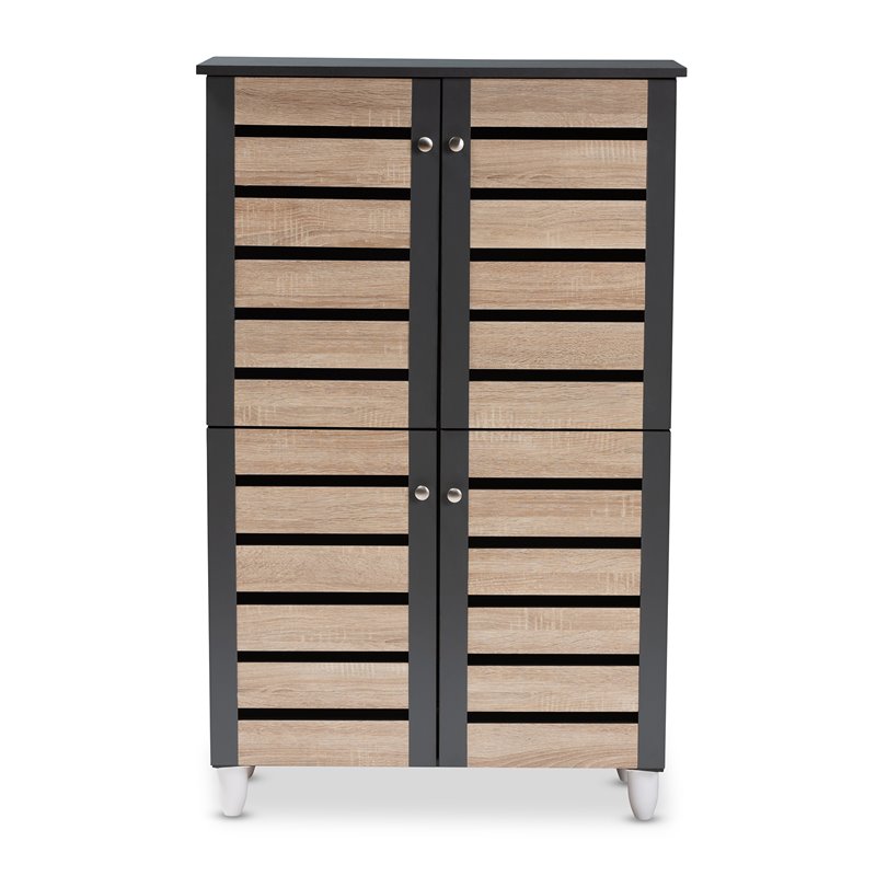 Bowery Hill Two-Tone Oak Wood 4-Door Shoe Cabinet in Dark Gray
