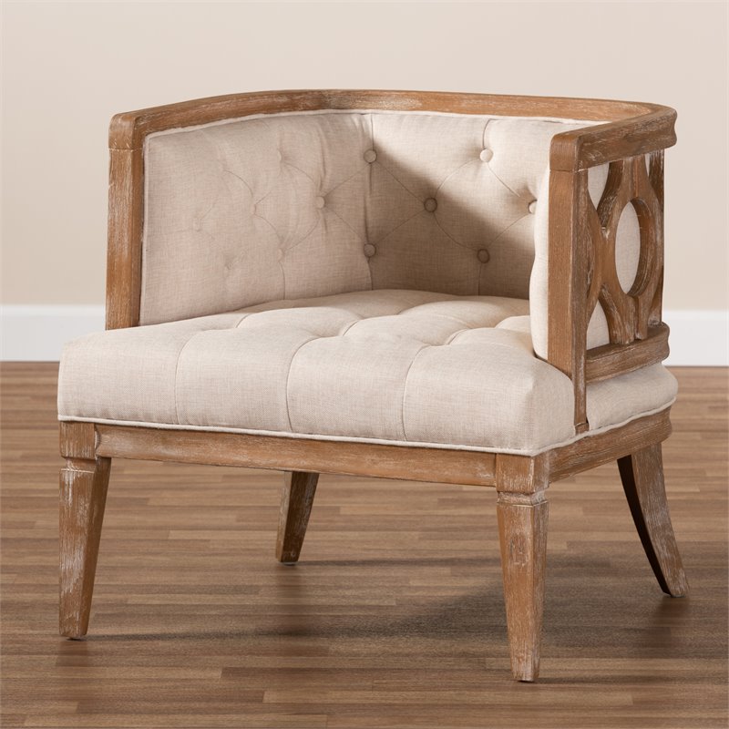 Bowery Hill Linen Upholstered Wood Accent Chair in Beige White Washed