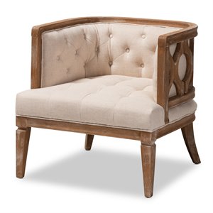 Bowery Hill Linen Upholstered Wood Accent Chair in Beige White Washed