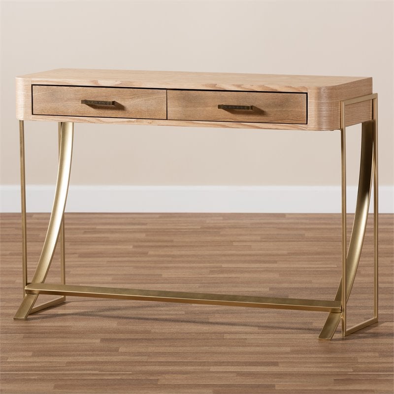 Bowery Hill Mid-Century 2-Drawer Wood Console Table in Brown and Gold