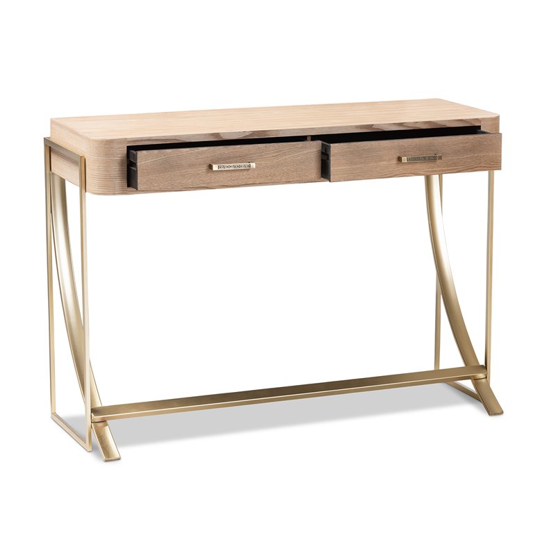 Bowery Hill Mid-Century 2-Drawer Wood Console Table in Brown and Gold