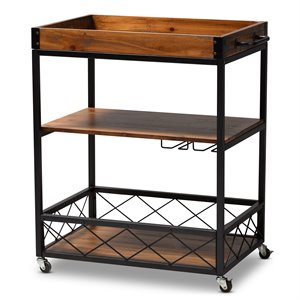 bowery hill oak brown and black finished mobile metal bar cart