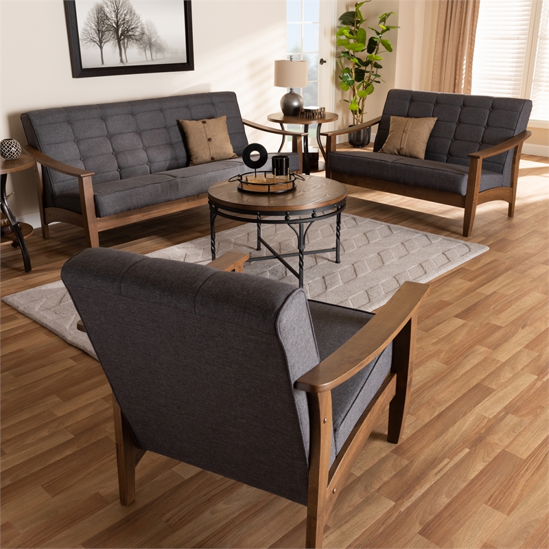 Bowery Hill Gray Fabric Walnut Wood 3-Piece Living Room Set