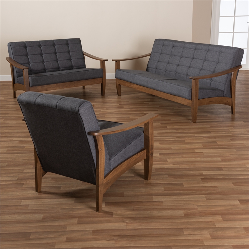 Bowery Hill Gray Fabric Walnut Wood 3-Piece Living Room Set