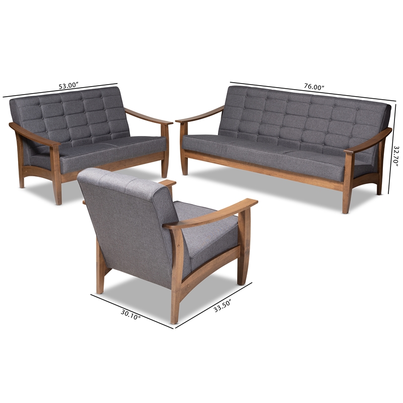 Bowery Hill Gray Fabric Walnut Wood 3-Piece Living Room Set