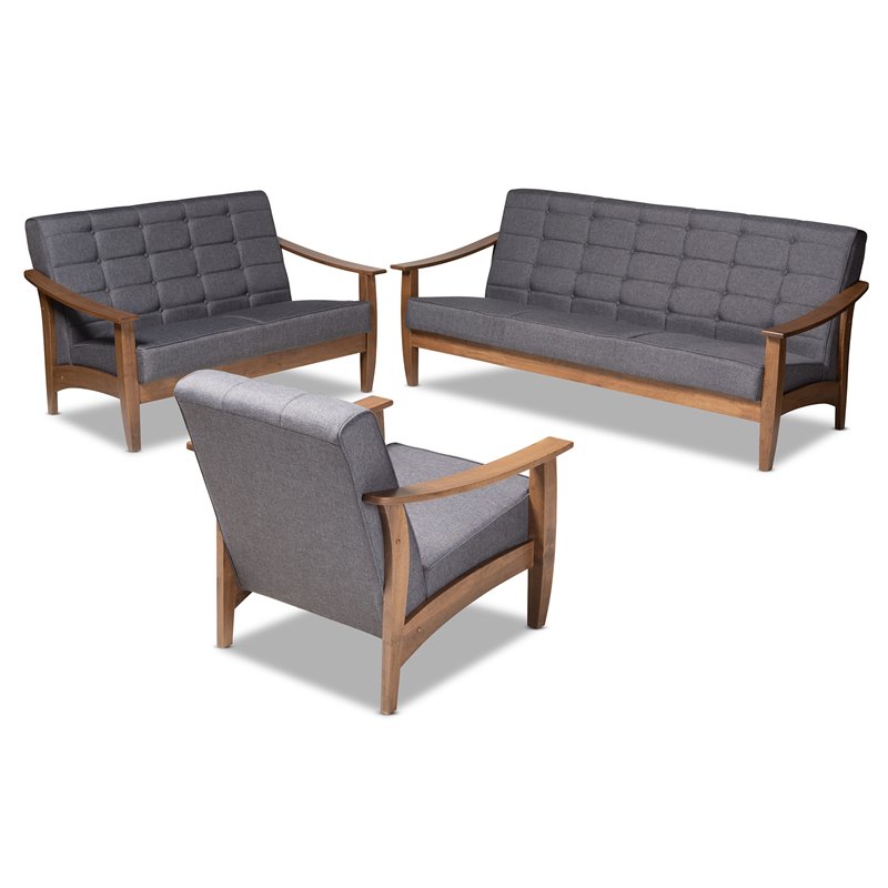 Bowery Hill Gray Fabric Walnut Wood 3-Piece Living Room Set