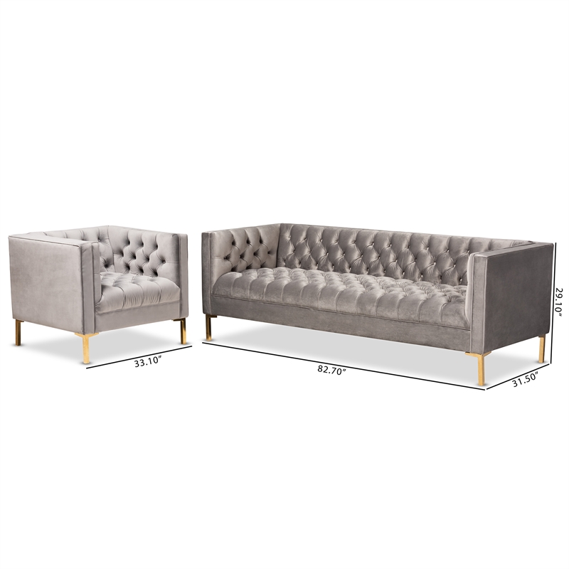 Bowery Hill Gray Velvet  2-Piece Sofa and Lounge Chair Set