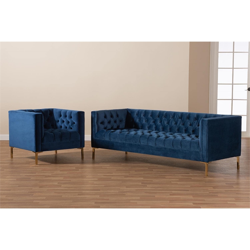 Bowery Hill Navy Velvet 2-Piece Sofa and Lounge Chair Set