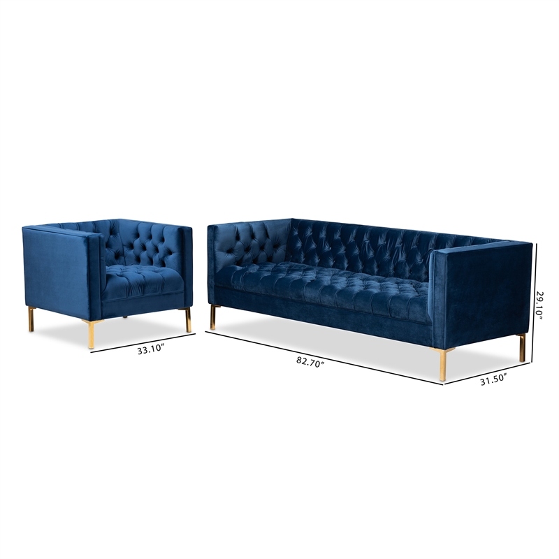 Bowery Hill Navy Velvet 2-Piece Sofa and Lounge Chair Set
