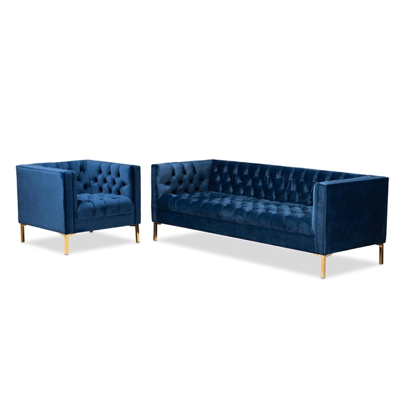 Bowery Hill Navy Velvet 2-Piece Sofa and Lounge Chair Set