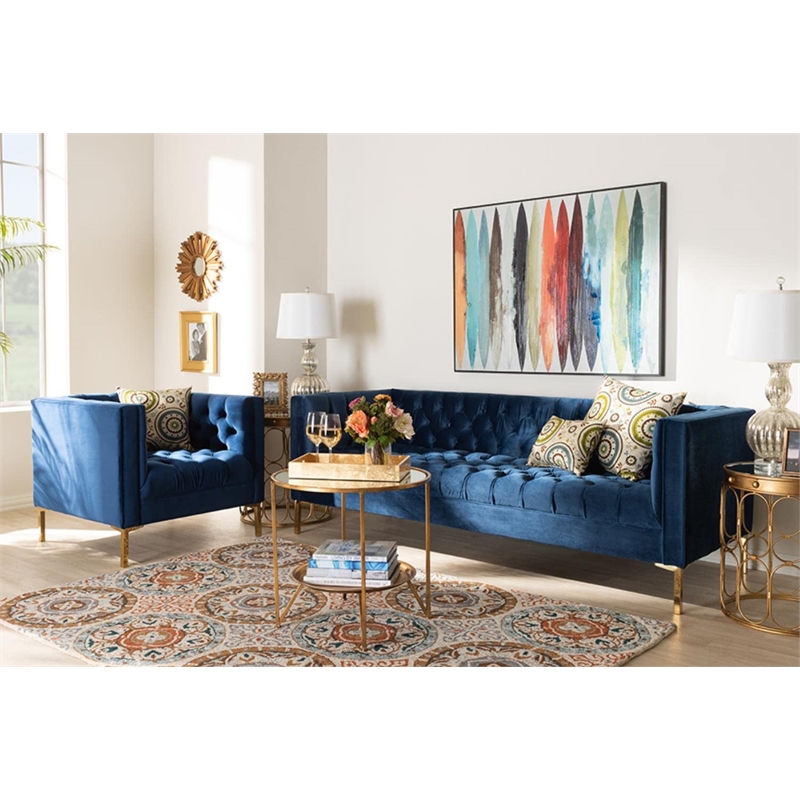 Bowery Hill Navy Velvet 2-Piece Sofa and Lounge Chair Set