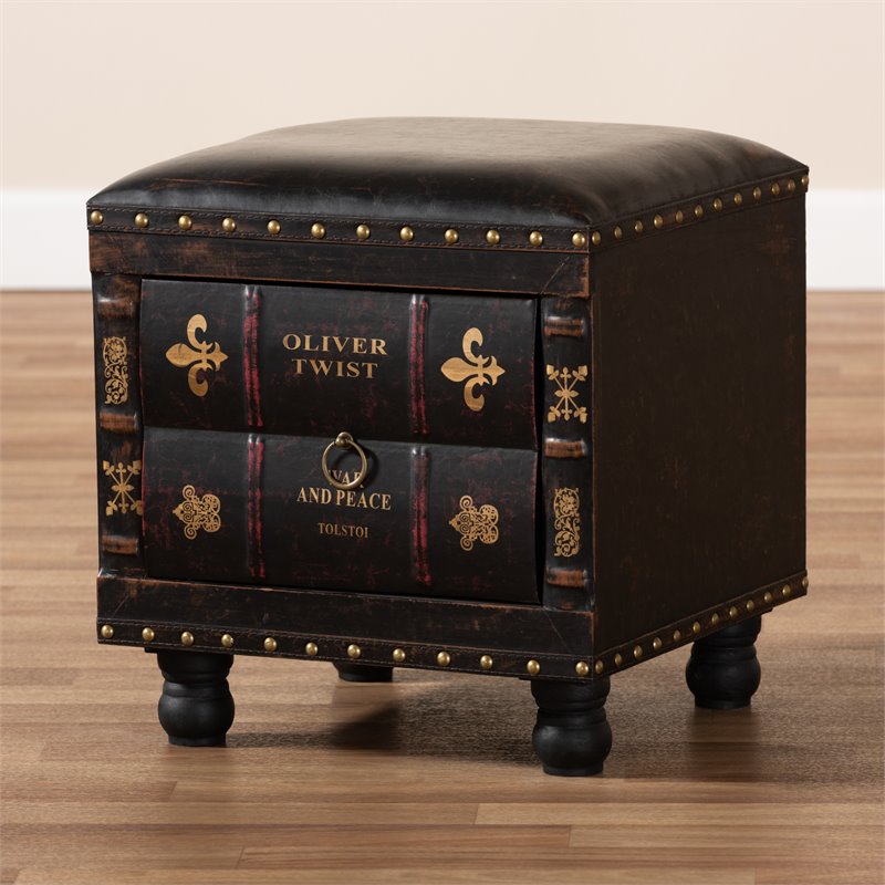 Bowery Hill Faux Leather and Wood Ottoman with Storage in Dark Brown