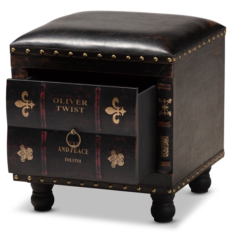 Bowery Hill Faux Leather and Wood Ottoman with Storage in Dark Brown