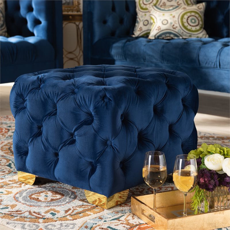 Bowery Hill Modern Tufted Velvet Ottoman in Royal Blue and Gold