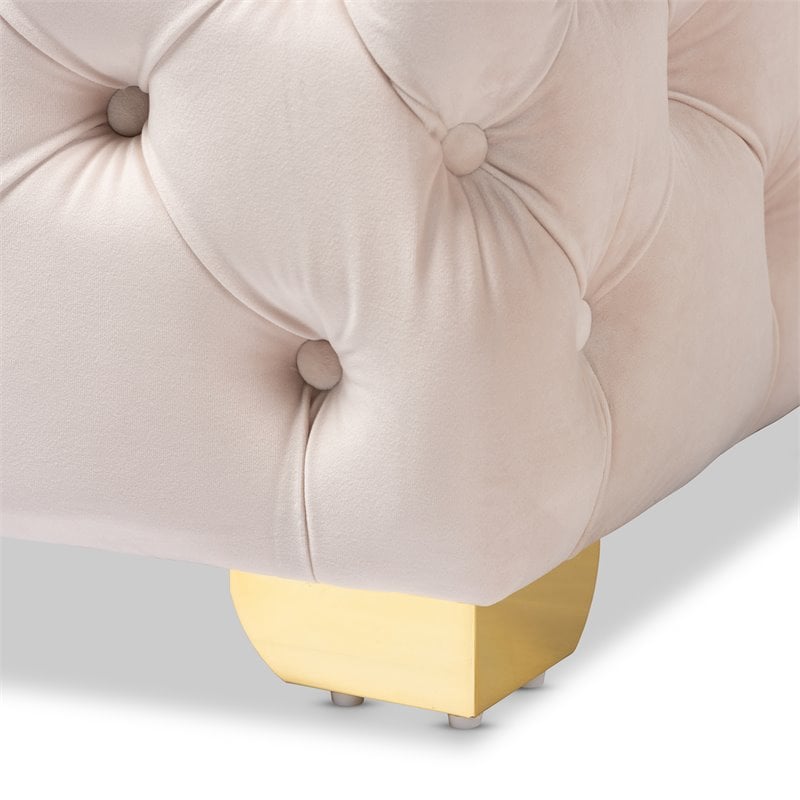 Bowery Hill Modern Tufted Velvet Ottoman in Light Beige and Gold