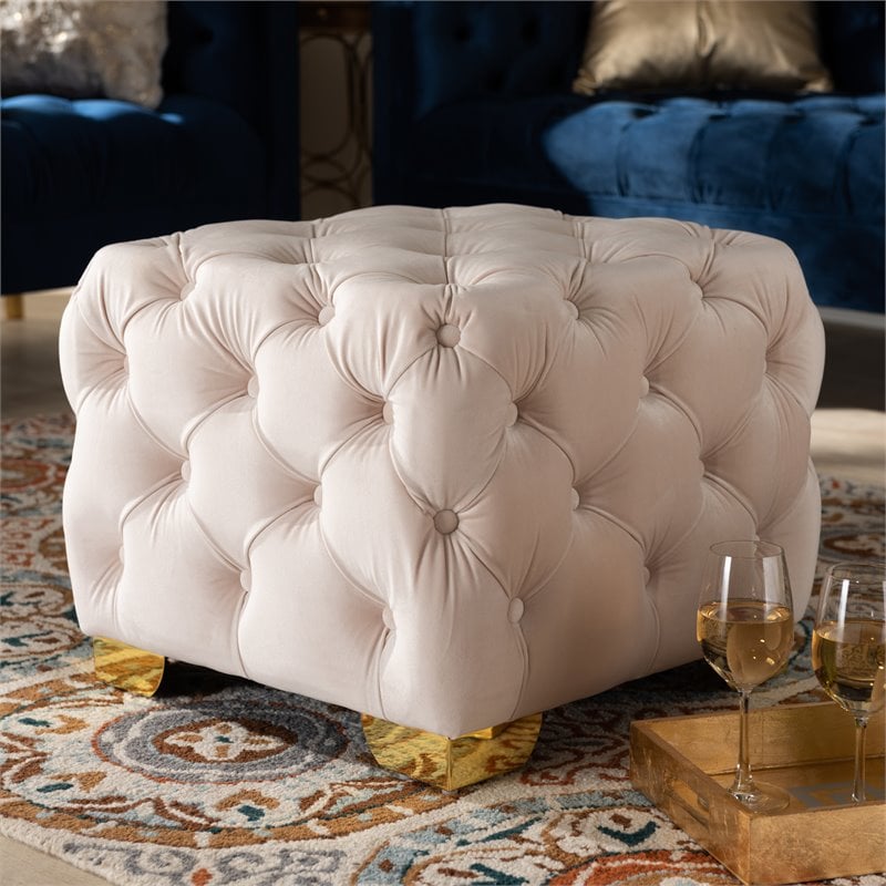 Bowery Hill Modern Tufted Velvet Ottoman in Light Beige and Gold