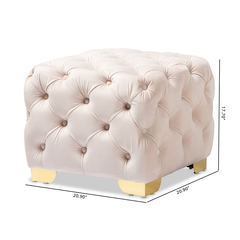 Bowery Hill Modern Tufted Velvet Ottoman in Light Beige and Gold