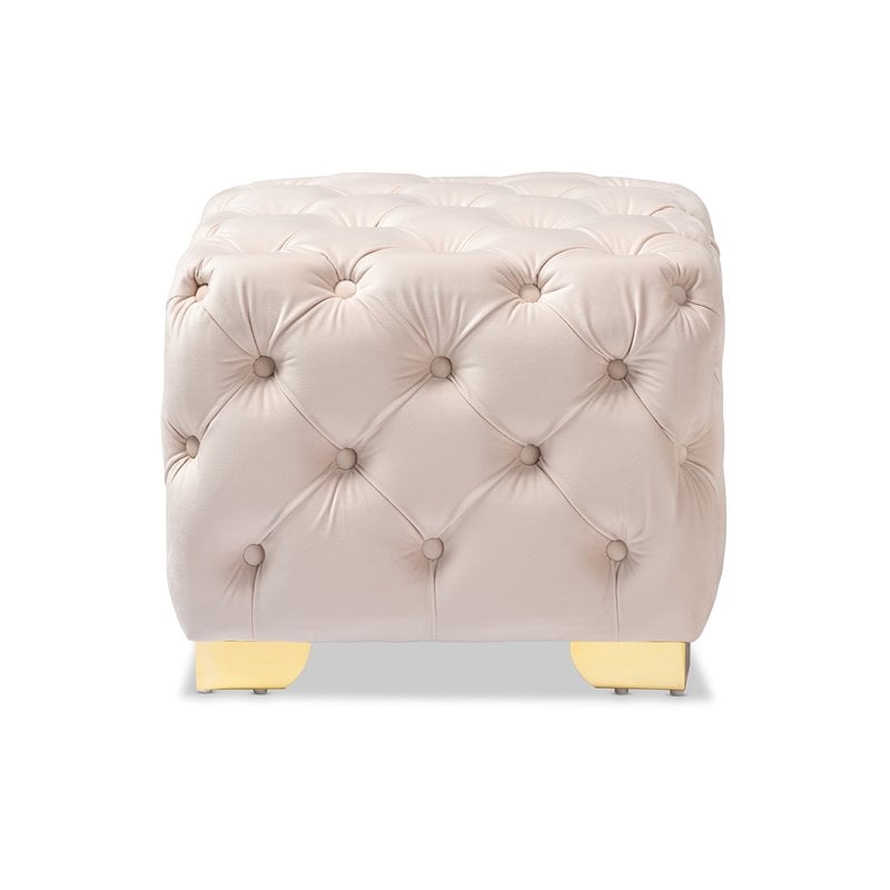Bowery Hill Modern Tufted Velvet Ottoman in Light Beige and Gold