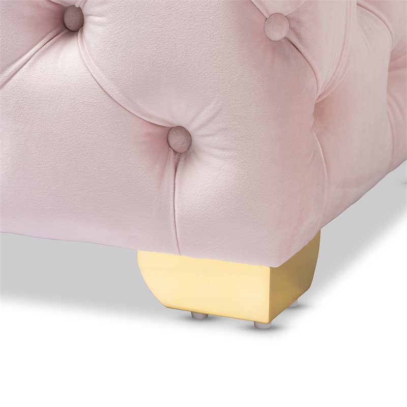 Bowery Hill Modern Tufted Velvet Ottoman in Light Pink and Gold