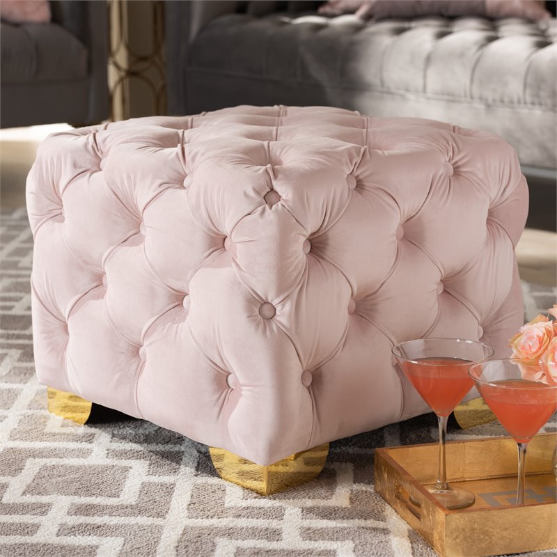 Bowery Hill Modern Tufted Velvet Ottoman in Light Pink and Gold