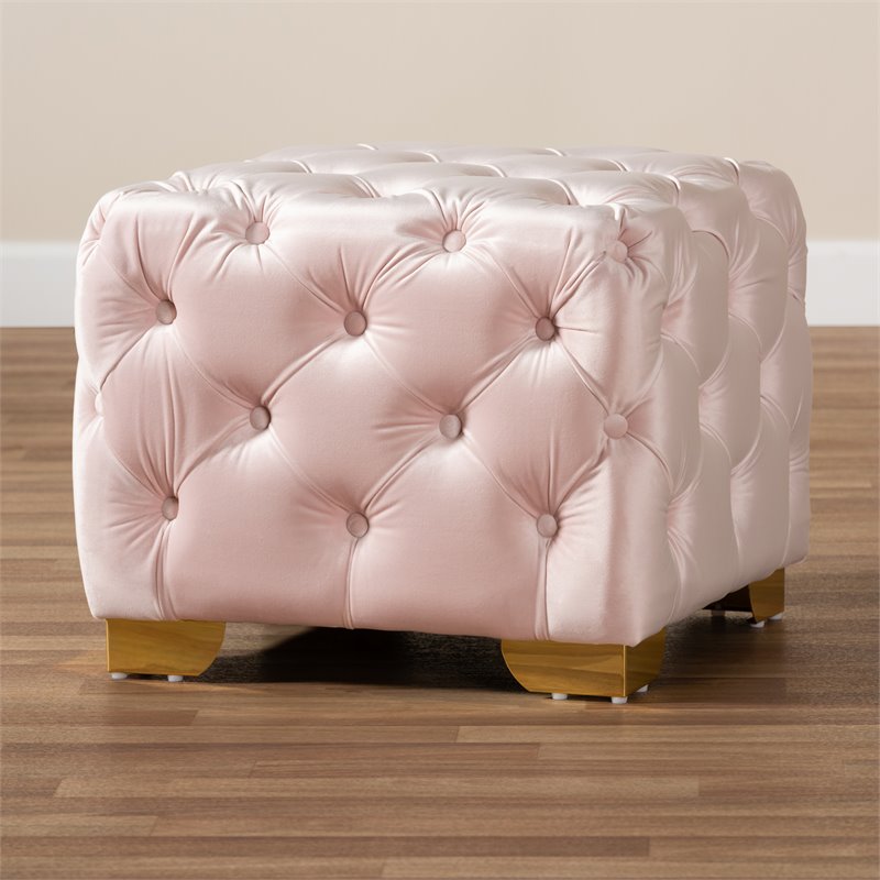 Bowery Hill Modern Tufted Velvet Ottoman in Light Pink and Gold
