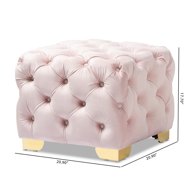 Bowery Hill Modern Tufted Velvet Ottoman in Light Pink and Gold