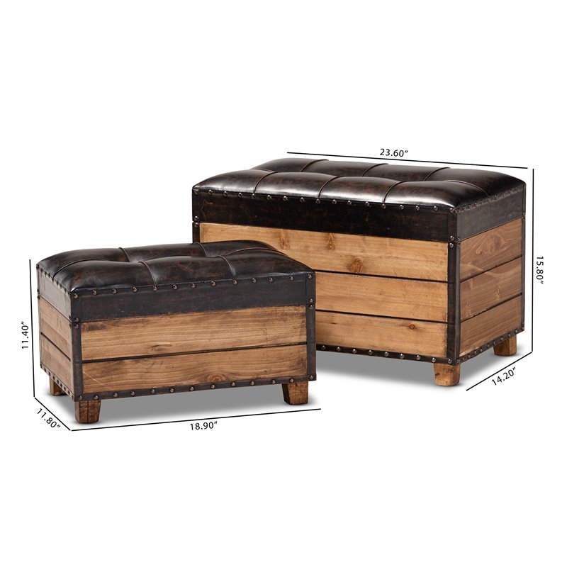 Bowery Hill Faux Leather and Wood Storage Ottoman in Brown (Set of 2)