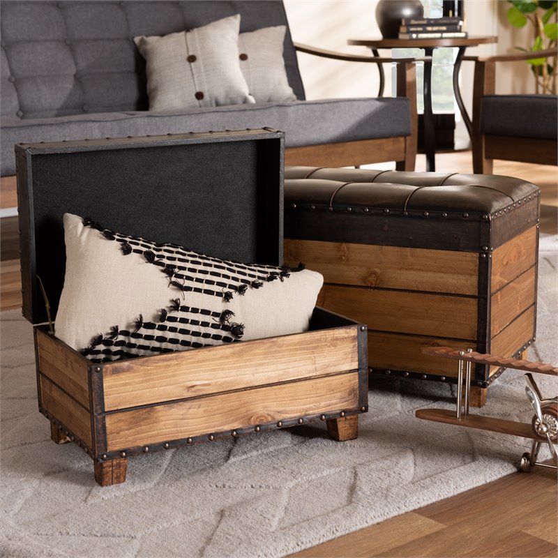 Bowery Hill Faux Leather and Wood Storage Ottoman in Brown (Set of 2)