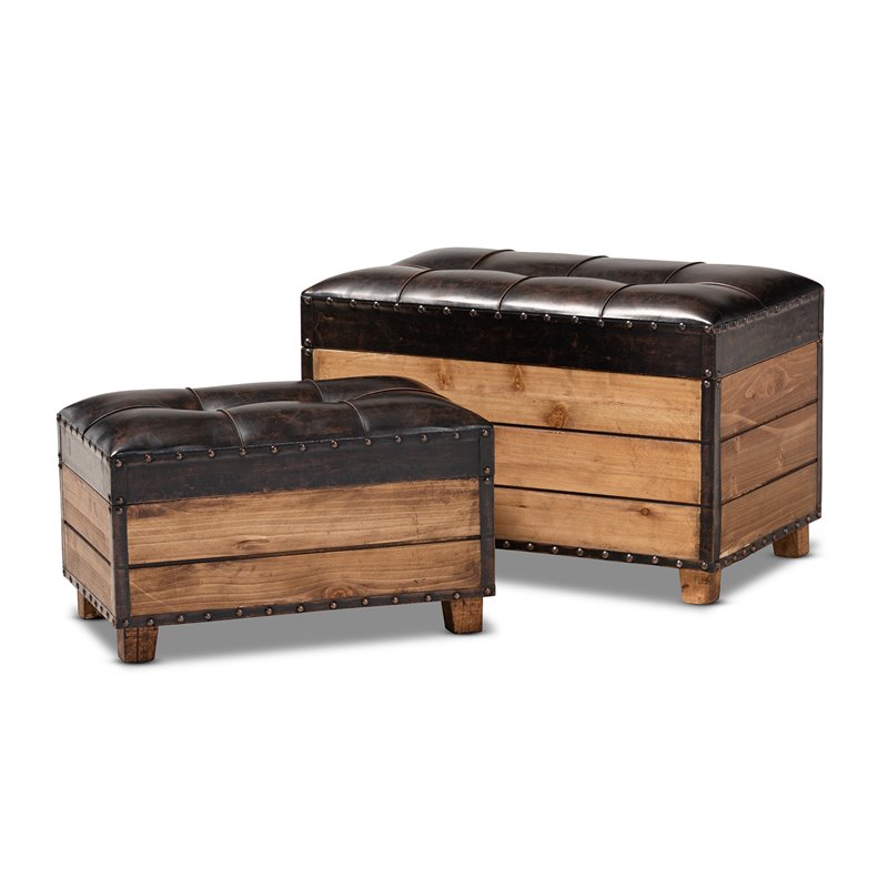 Bowery Hill Faux Leather and Wood Storage Ottoman in Brown (Set of 2)