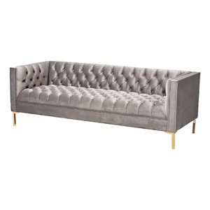 Bowery Hill 17.3&quot Mid-Century Velvet Upholstered Tufted Sofa in Gray/Gold