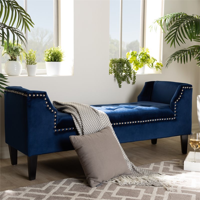 Bowery Hill Tufted Velvet and Wood Bench in Royal Blue