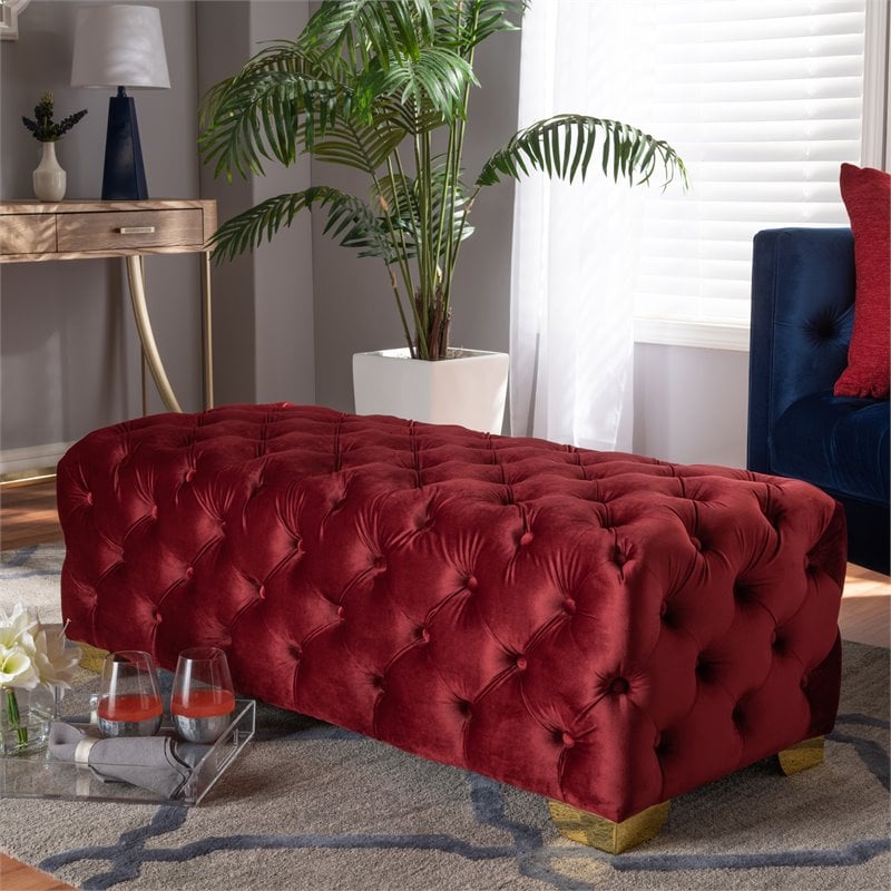 Bowery Hill Modern Tufted Velvet Ottoman in Burgundy and Gold
