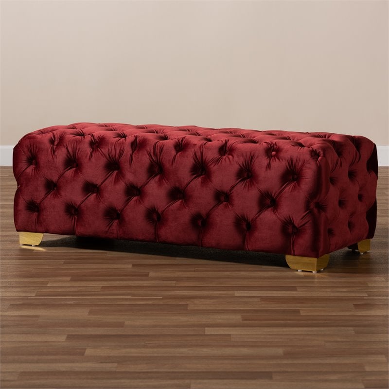 Bowery Hill Modern Tufted Velvet Ottoman in Burgundy and Gold