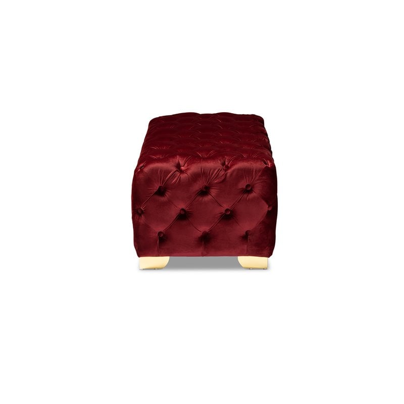 Bowery Hill Modern Tufted Velvet Ottoman in Burgundy and Gold