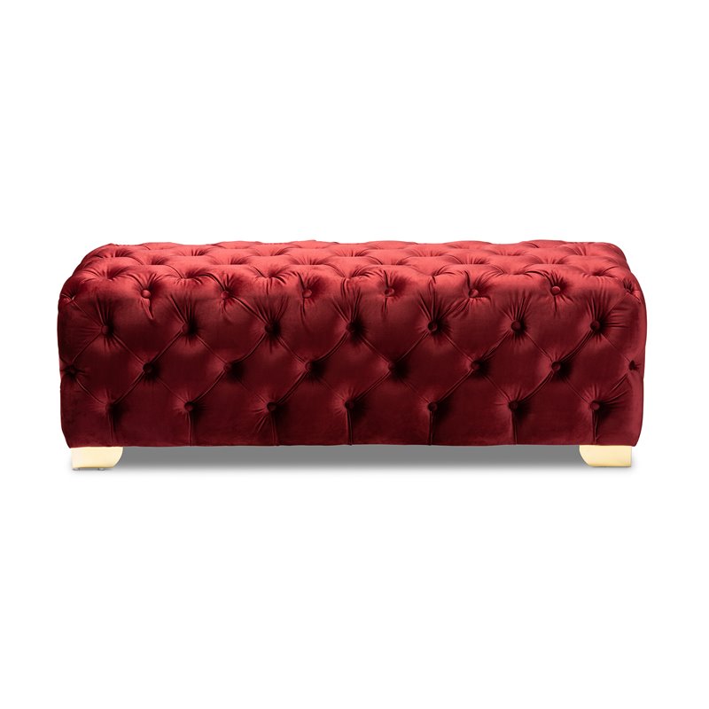 Bowery Hill Modern Tufted Velvet Ottoman in Burgundy and Gold