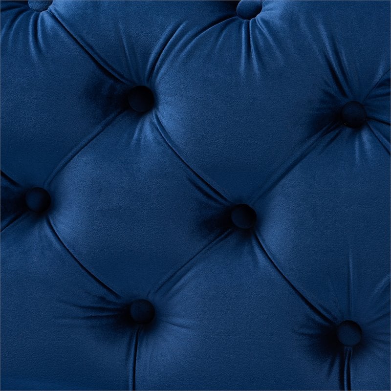 Bowery Hill Modern Tufted Velvet Ottoman in Blue and Gold
