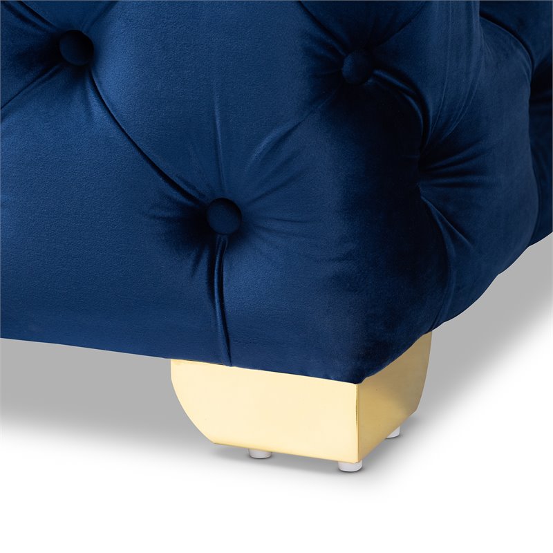 Bowery Hill Modern Tufted Velvet Ottoman in Blue and Gold