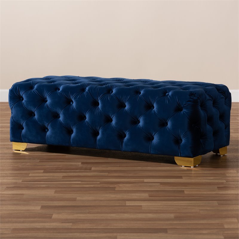 Bowery Hill Modern Tufted Velvet Ottoman in Blue and Gold