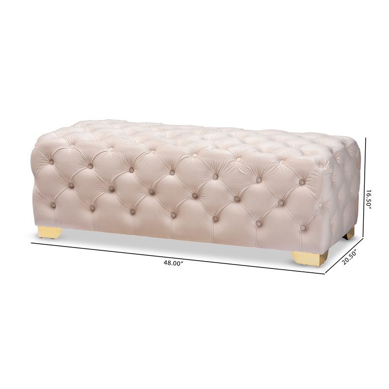 Bowery Hill Modern Tufted Velvet Ottoman in Beige and Gold