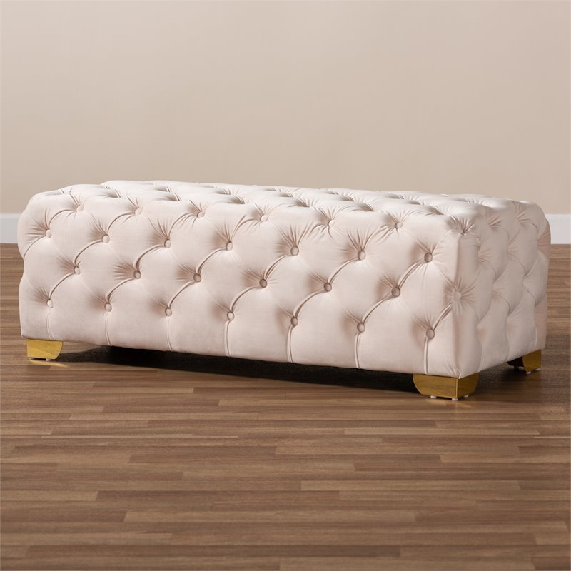 Bowery Hill Modern Tufted Velvet Ottoman in Beige and Gold