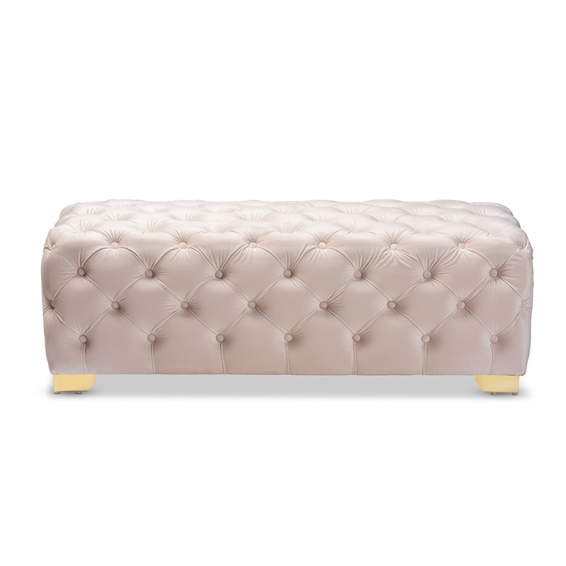 Bowery Hill Modern Tufted Velvet Ottoman in Beige and Gold